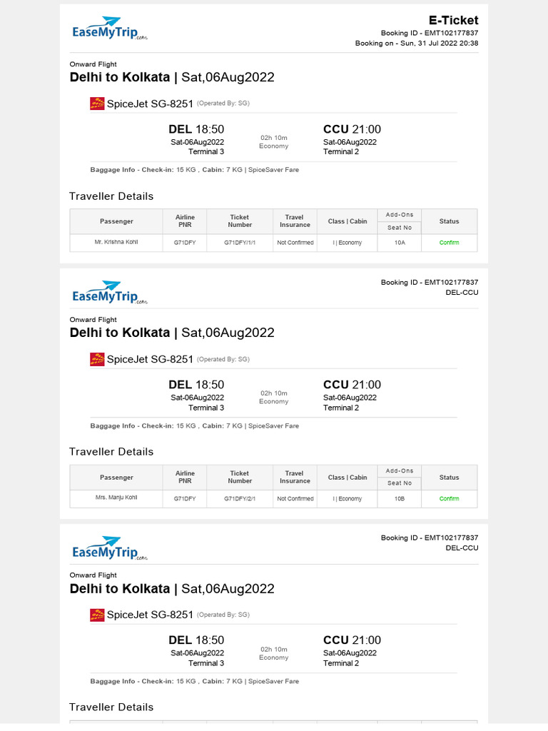 SpiceJet Booking Confirmation: DEL-CCU | PDF | Airport | Aviation