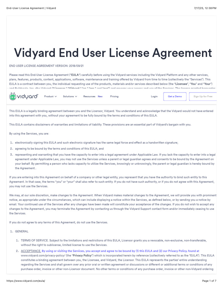 End-User License Agreement - Vidyard | PDF | License | Indemnity