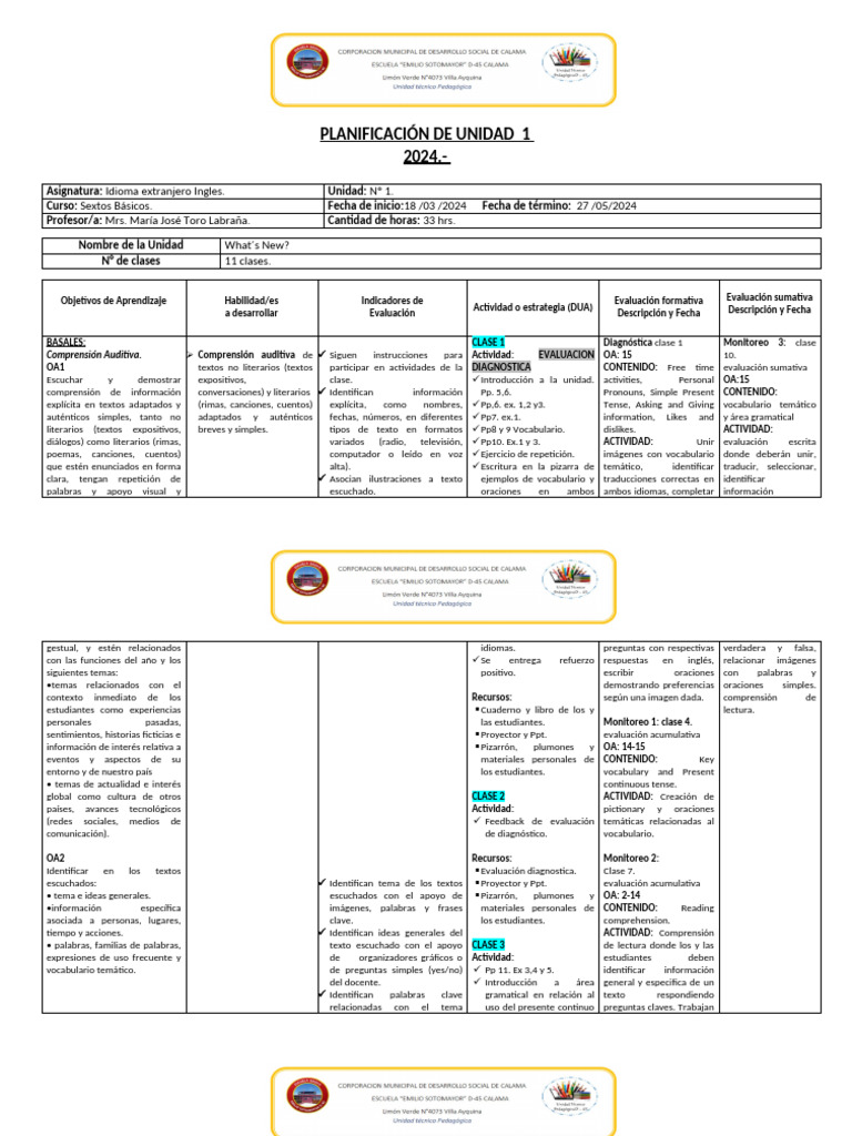 Planificación Unidad 1 Inglés 6° Básico | PDF | Comprensión lectora ...