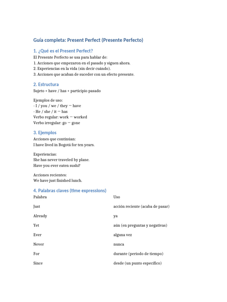 Guía del Presente Perfecto en Inglés | PDF