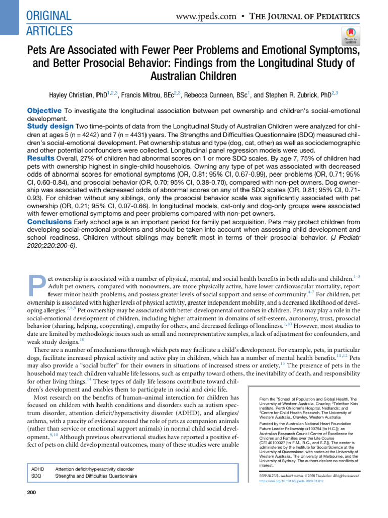 Pets Are Associated With Fewer Peer Problems and E | PDF | Cohort Study | Pet