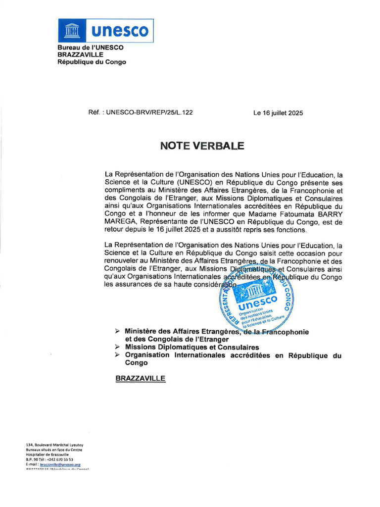 Note Verbale Retour de La Représentante de l'UNESCO | PDF
