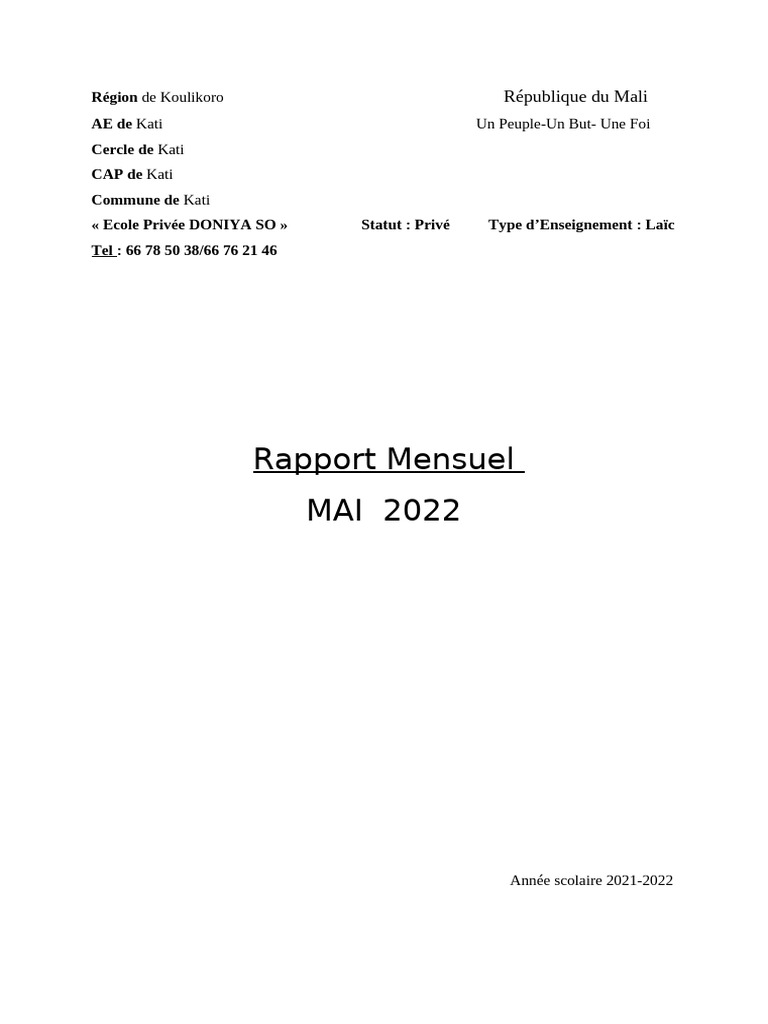 Rapport Mensuel École Privée DONIYA SO | PDF