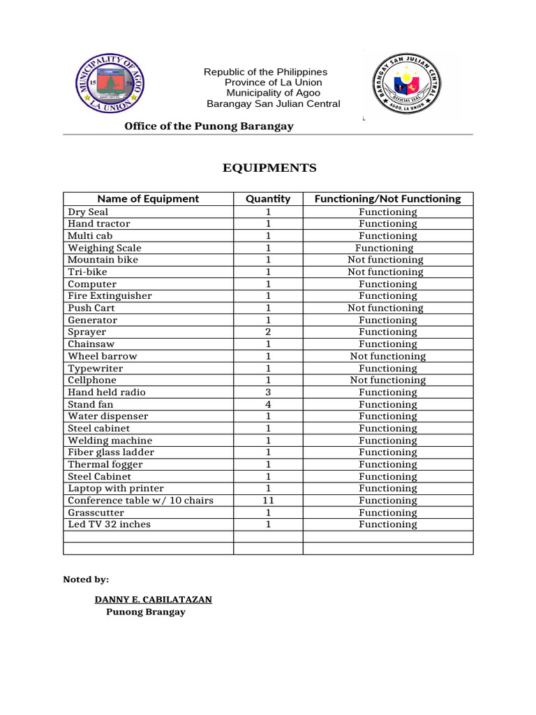 Barangay Equipment Inventory List | PDF