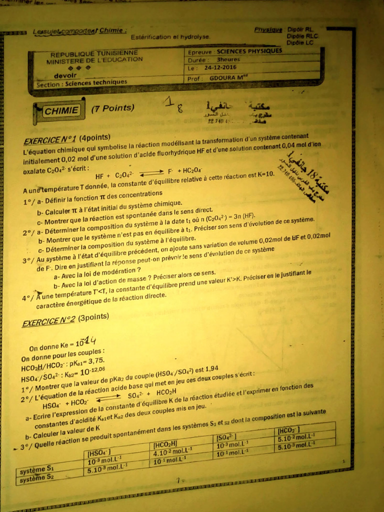 Devoir de chimie : Réactions et équilibres | PDF | Équilibre chimique ...