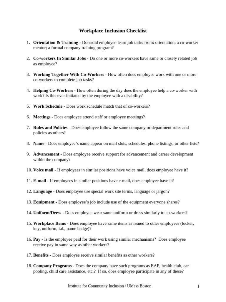 Workplace Inclusion Assessment Checklist | PDF | Employment | Business