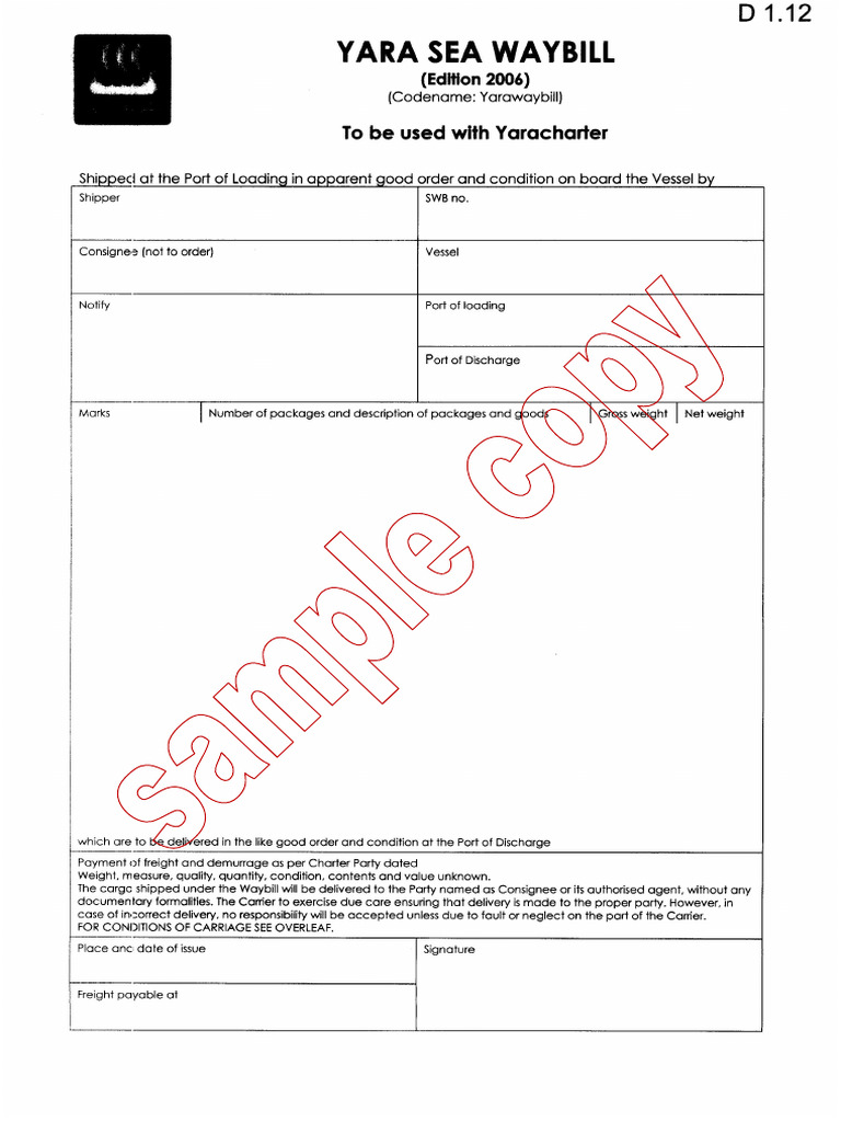 Sample Copy Yara Sea Waybill | PDF