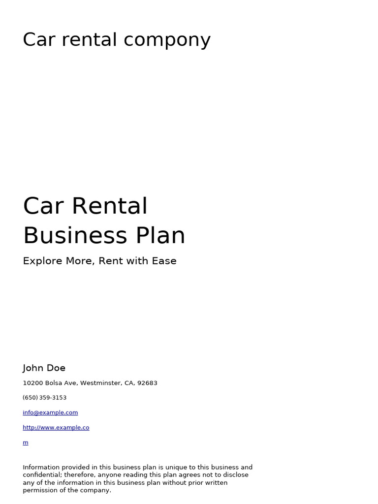 Car Rental Business Plan Overview | PDF | Equity (Finance) | Balance Sheet