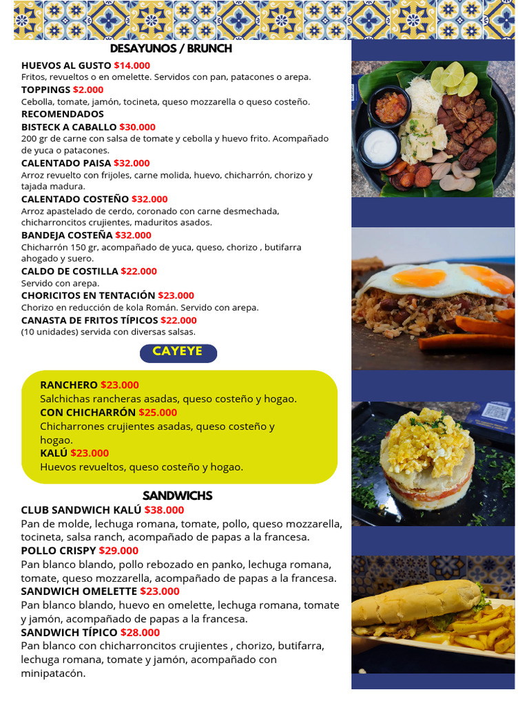 Menú de Desayunos y Brunch Kalú | PDF | Mariscos | Cocina latinoamericana