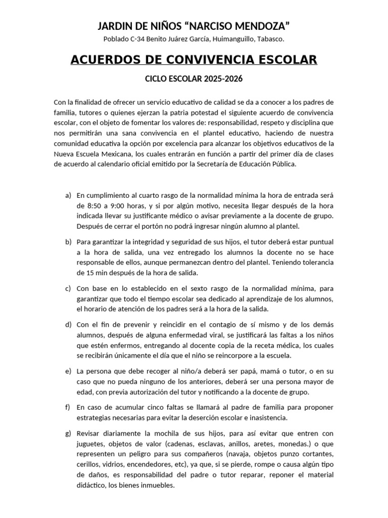 Acuerdos de Convivencia Escolar 2025-2026 | PDF | Escuelas | Maestros