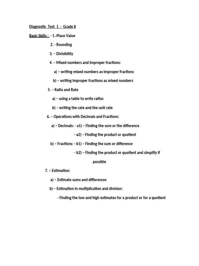 Grade 8 Diagnostic Test Overview | PDF | Elementary Mathematics | Numbers