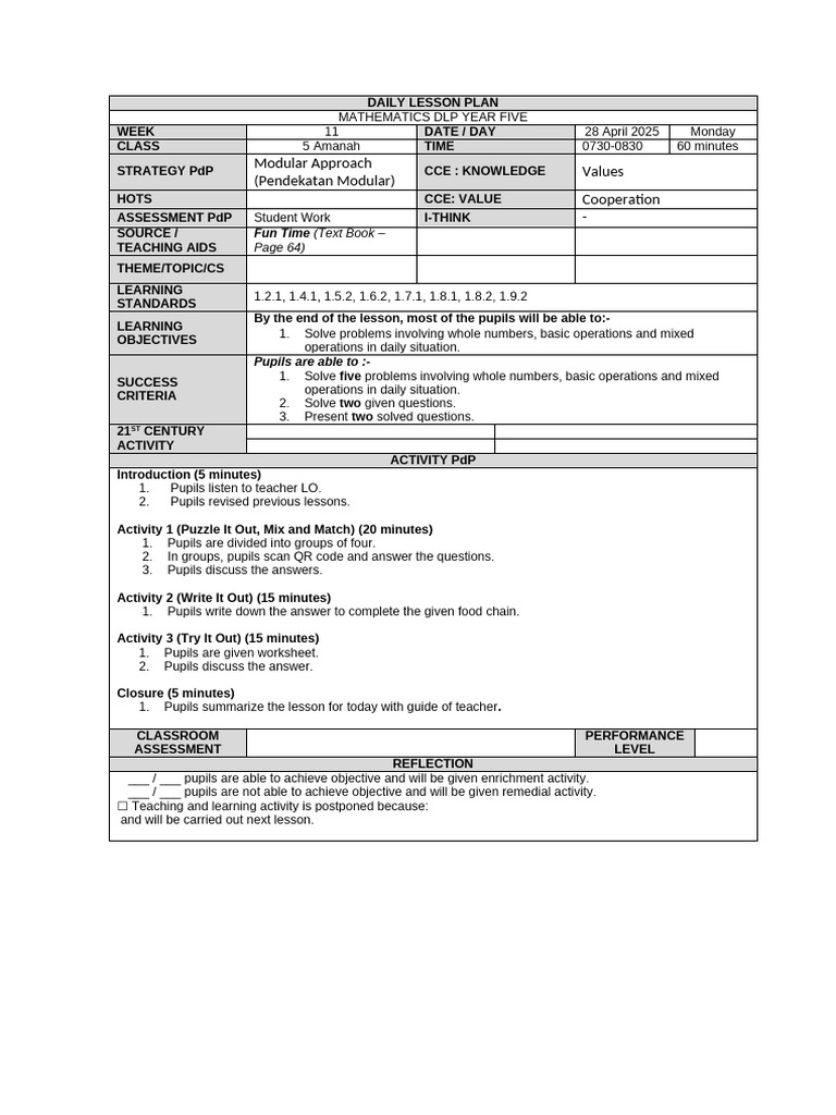 Daily Lesson Plan for Year Five | PDF | Lesson Plan | Teachers