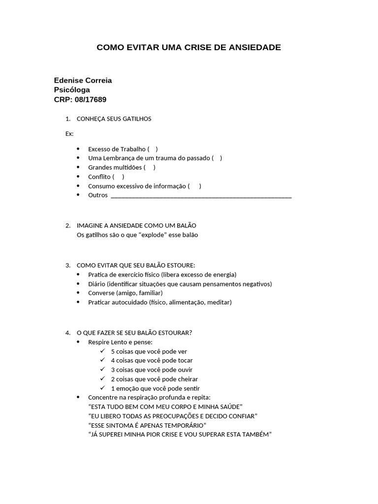 Dicas para Evitar Crises de Ansiedade | PDF