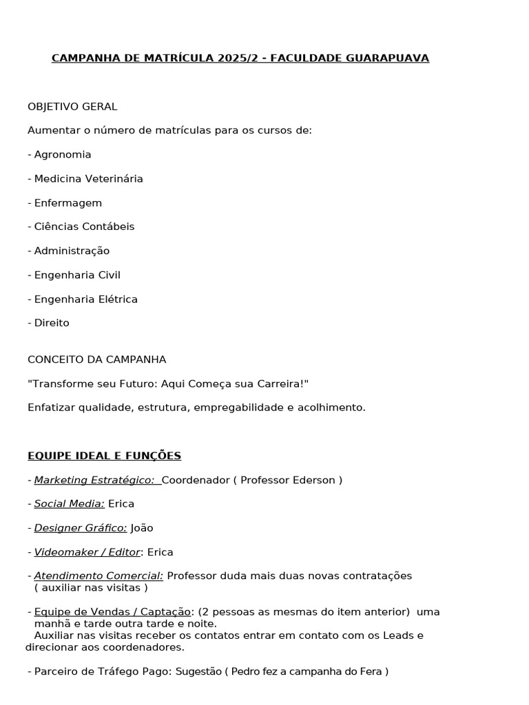 Matrícula 2025/2: Campanha Faculdade Guarapuava | PDF