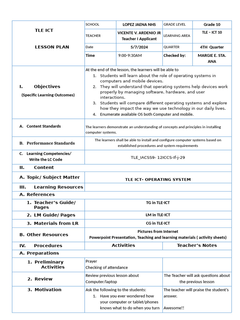 Tle Ict Lesson Plan | PDF | Operating System | Android (Operating System)