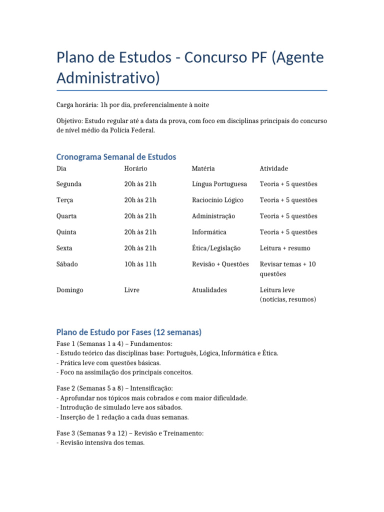 Plano de Estudos para Concurso PF | PDF