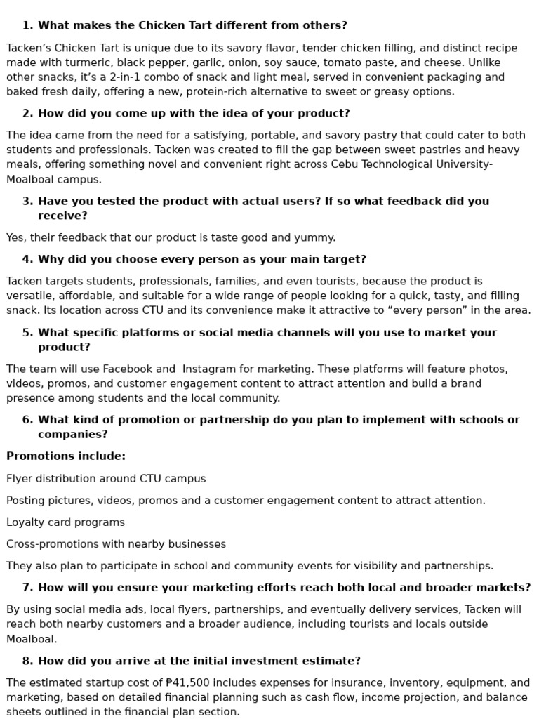 Possible Q&A OF BUSINESS PROPOSAL | PDF | Return On Investment | Taste