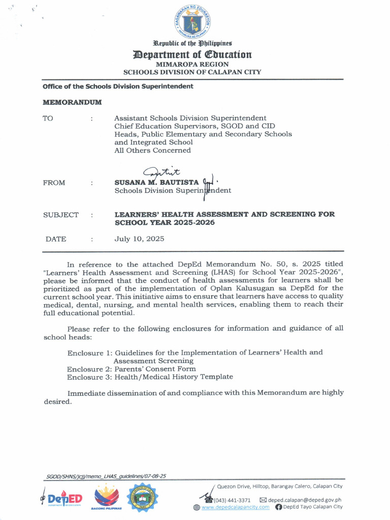 Learners Health Assessment and Screening For SY 2025 2026 | PDF
