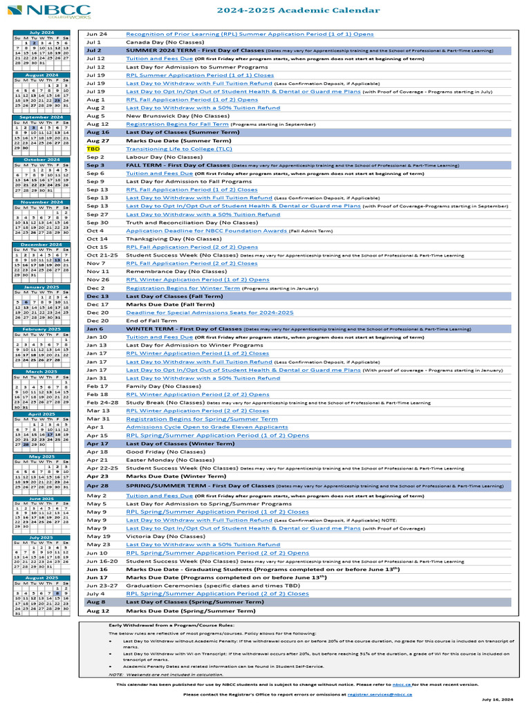 NBCC Academic Calendar 2024-2025 | PDF
