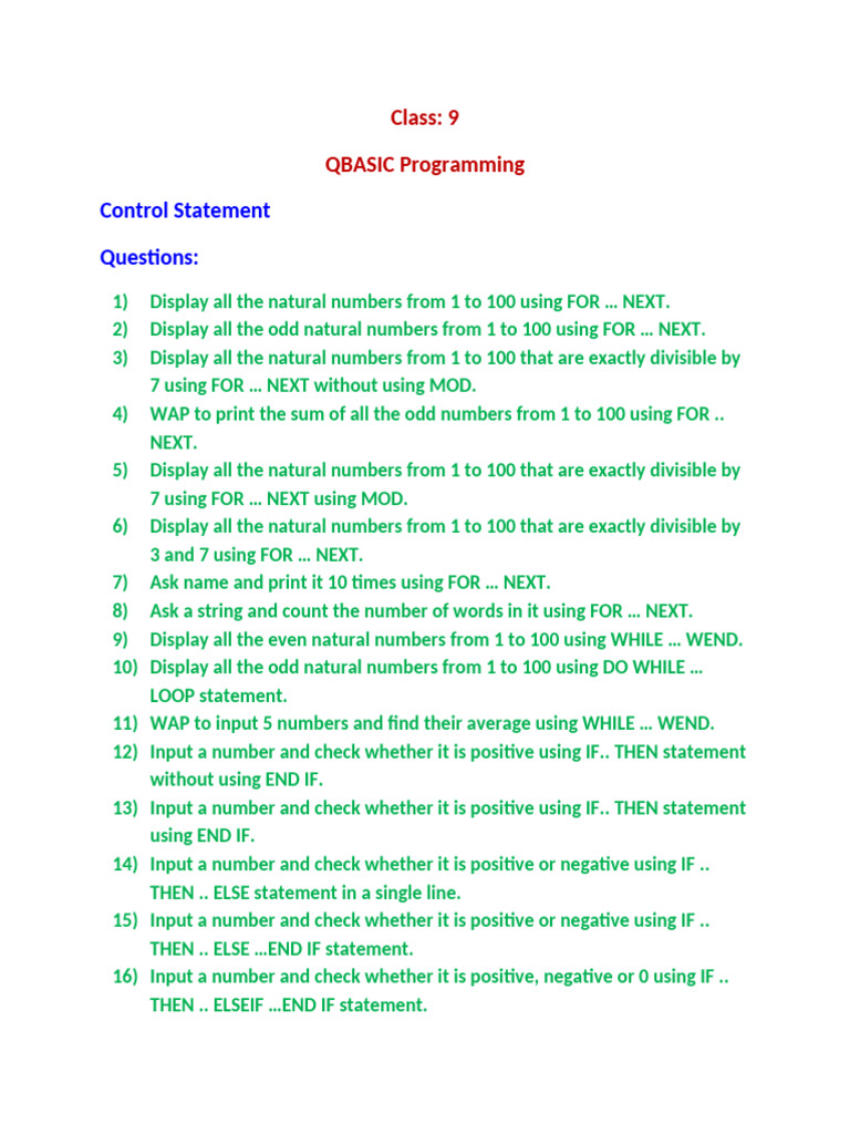 Class 9 QBASIC Programming Questions | PDF | Arithmetic | Mathematics