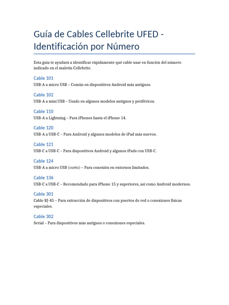 Guía de Cables para Cellebrite UFED | PDF