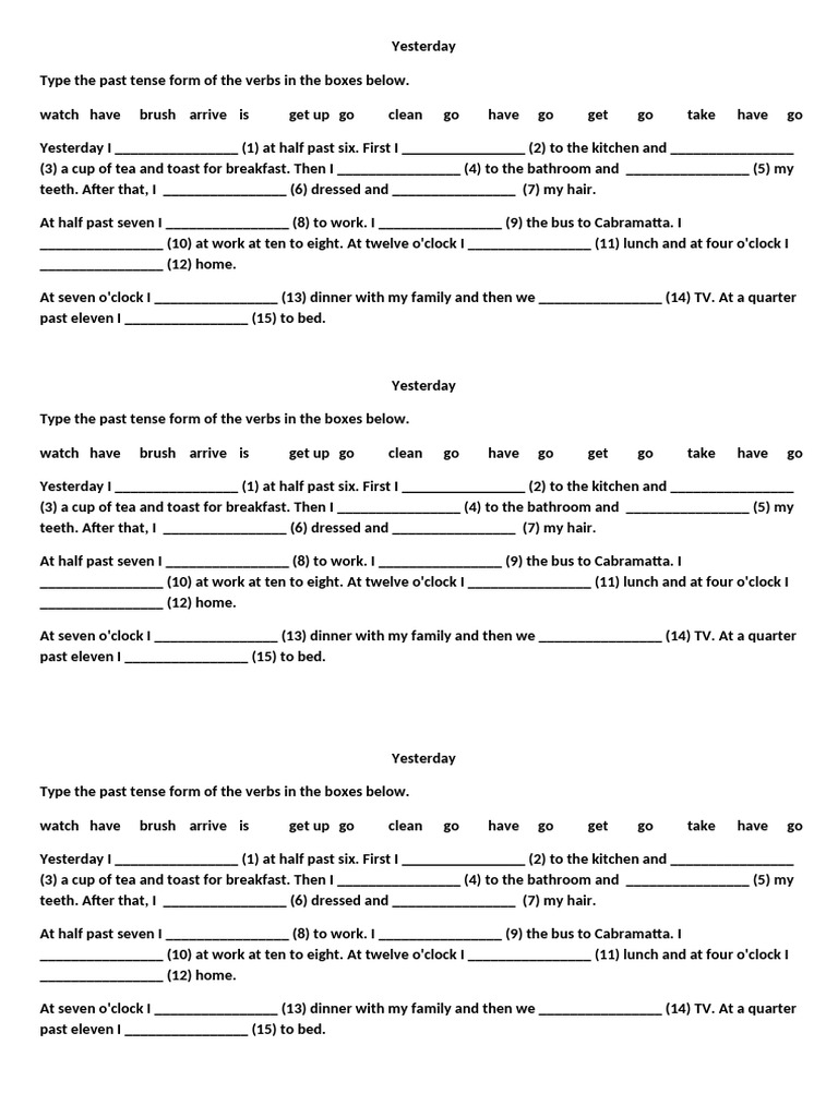 Yesterday's Daily Activities Worksheet | PDF | Meal | Linguistics