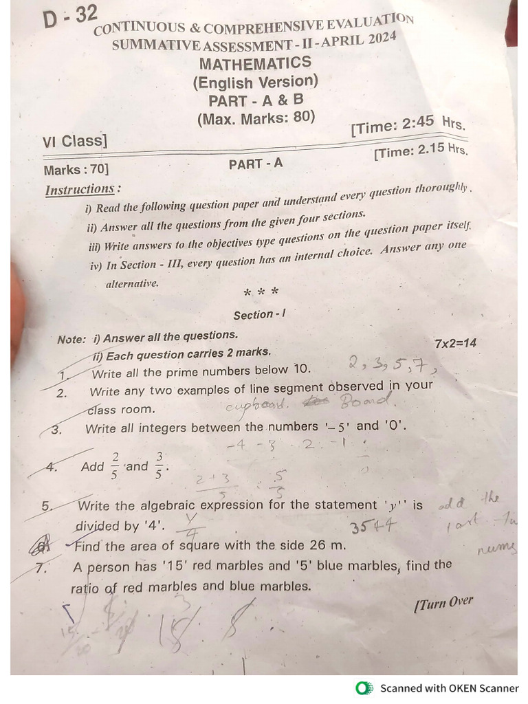 VI Class Math SA-II Question Paper | PDF | Mathematics
