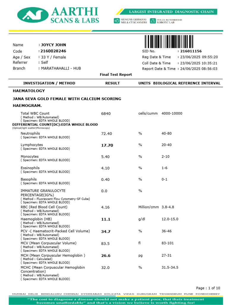 Comprehensive Blood Test Report for Female | PDF | Hematology | Medical ...