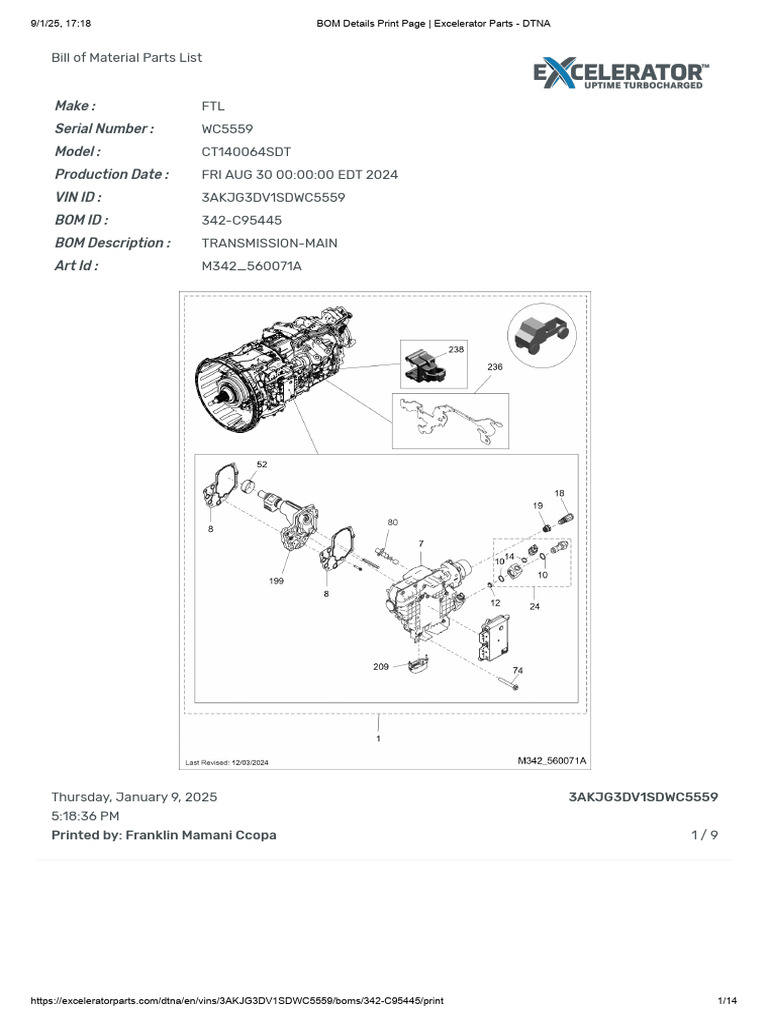 FTL Transmission Parts List for WC5559 | PDF | Manufactured Goods