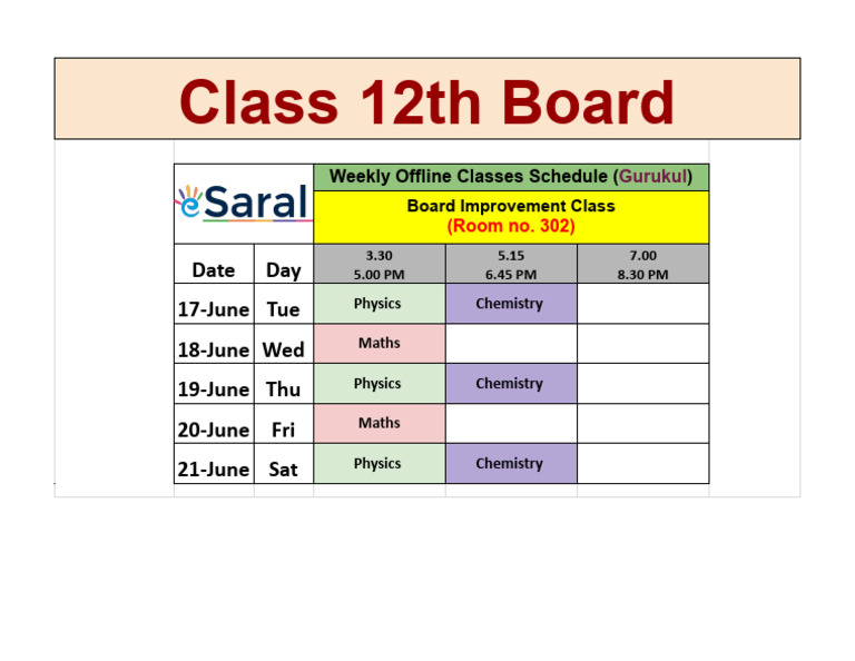 Class 12th Weekly Class Schedule | PDF