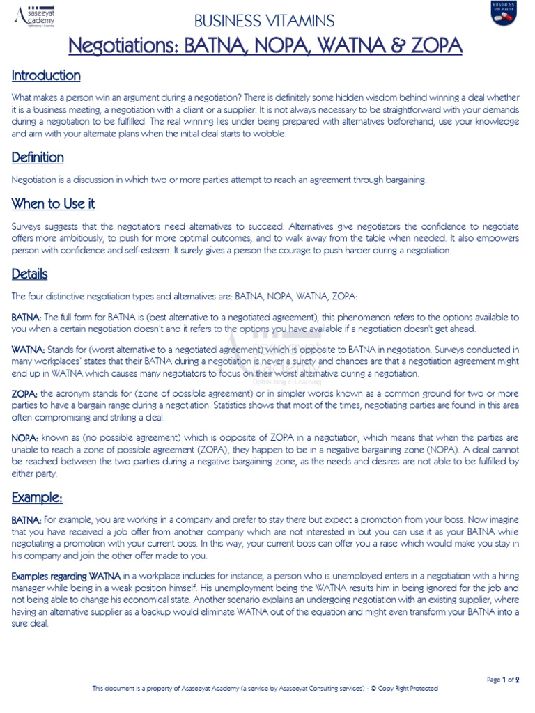 Understanding BATNA, NOPA, WATNA, ZOPA | PDF | Negotiation | Social ...