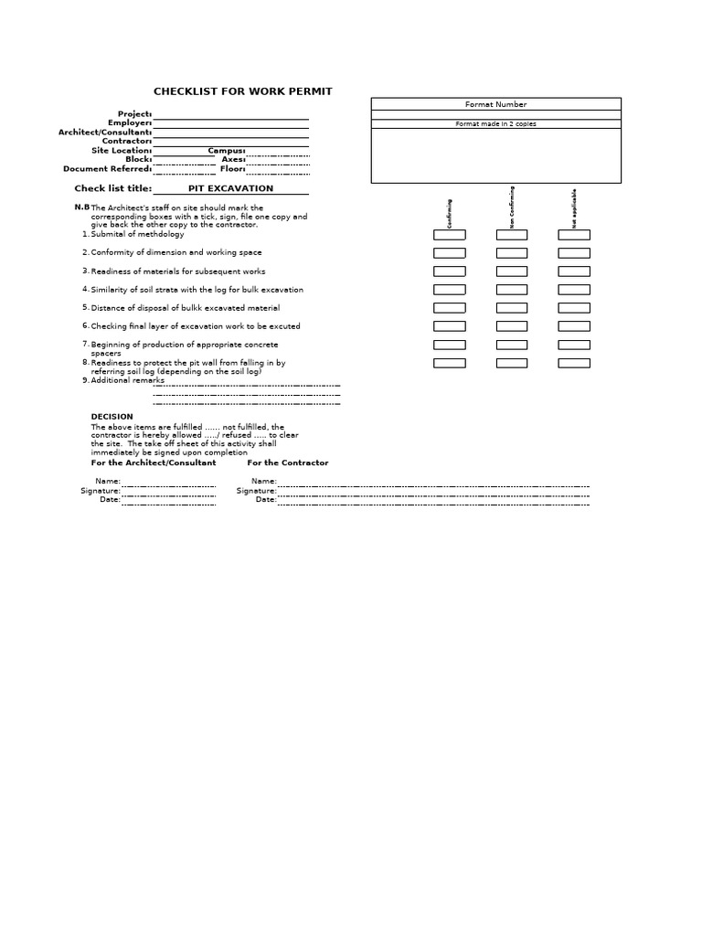 Pit Excavation Inspection Checklist | PDF