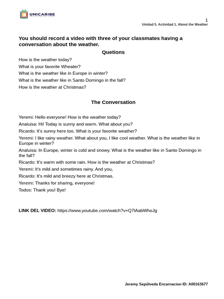 Weather Conversation Activity Video | PDF