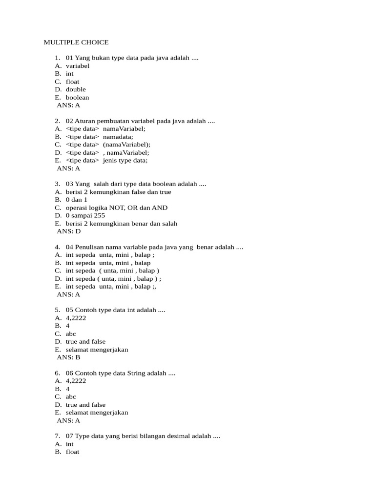 Soal Pilihan Ganda Pemrograman Java | PDF