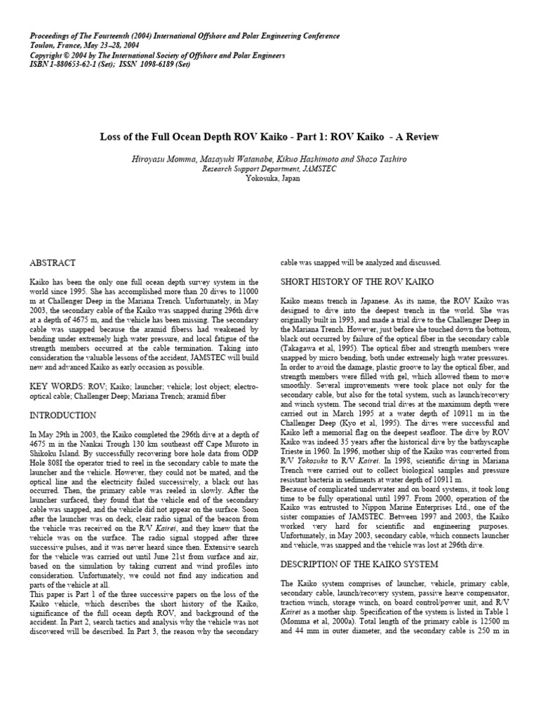 2004 - Loss of The Full Ocean Depth ROV Kaiko-1 - ROV Kaiko A Review ...