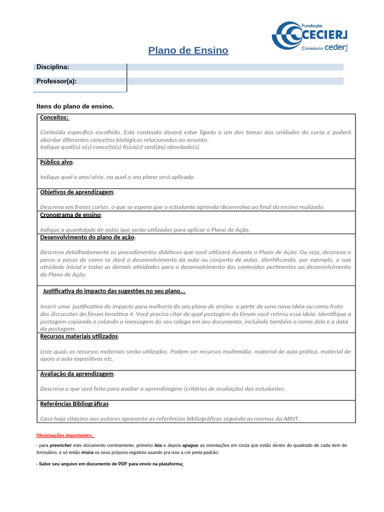 Estrutura de Plano de Ensino Detalhado | PDF