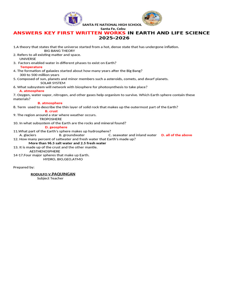 Earth and Life Science Answer Key 2025-2026 | PDF