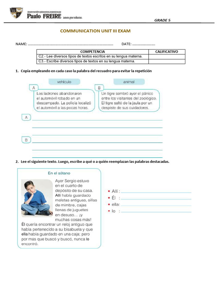 Examen de Comunicación Grado 5 | PDF