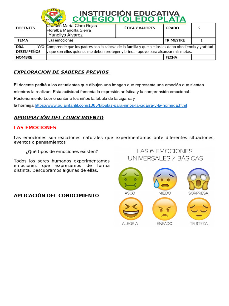 Actividades sobre las emociones para 2° grado | PDF | Las emociones ...