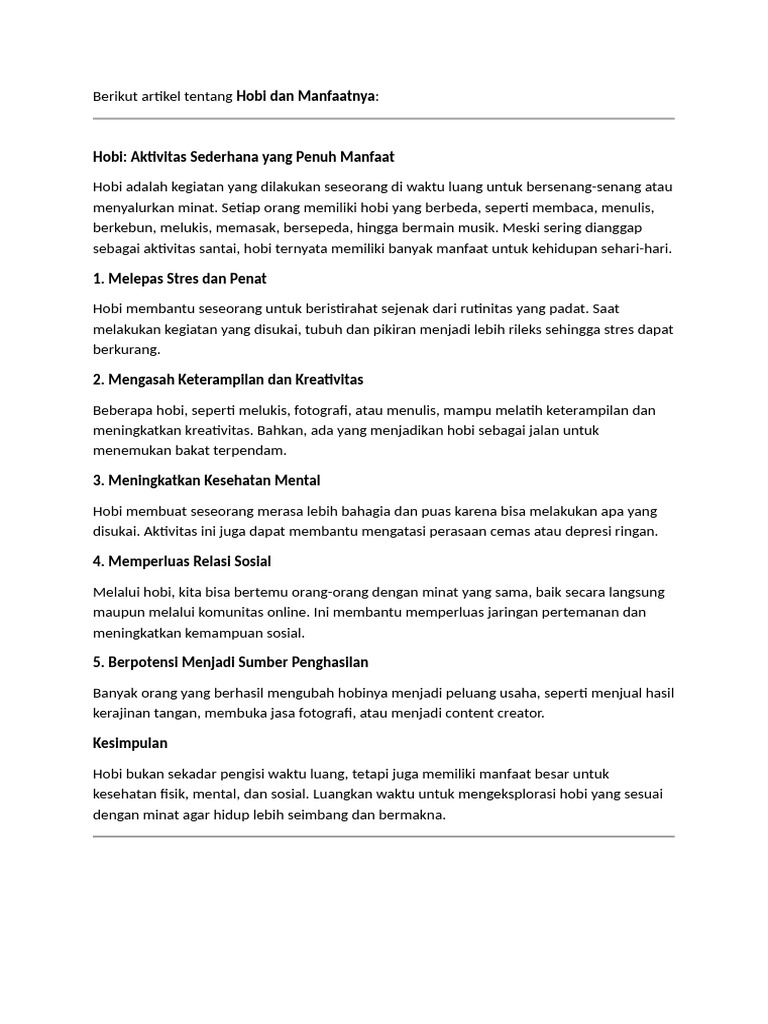 Manfaat Hobi untuk Kesehatan dan Relasi | PDF