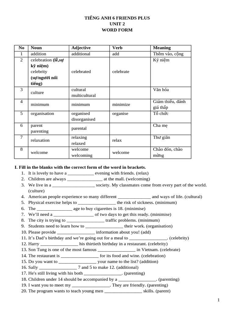 Word Forms in Friends Plus 6 Unit 2 | PDF