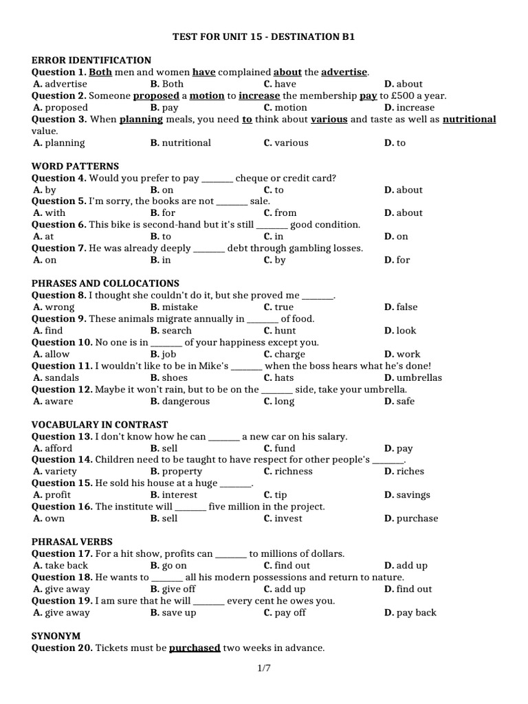 Test Unit 15 Destination b1 - Hs F | PDF