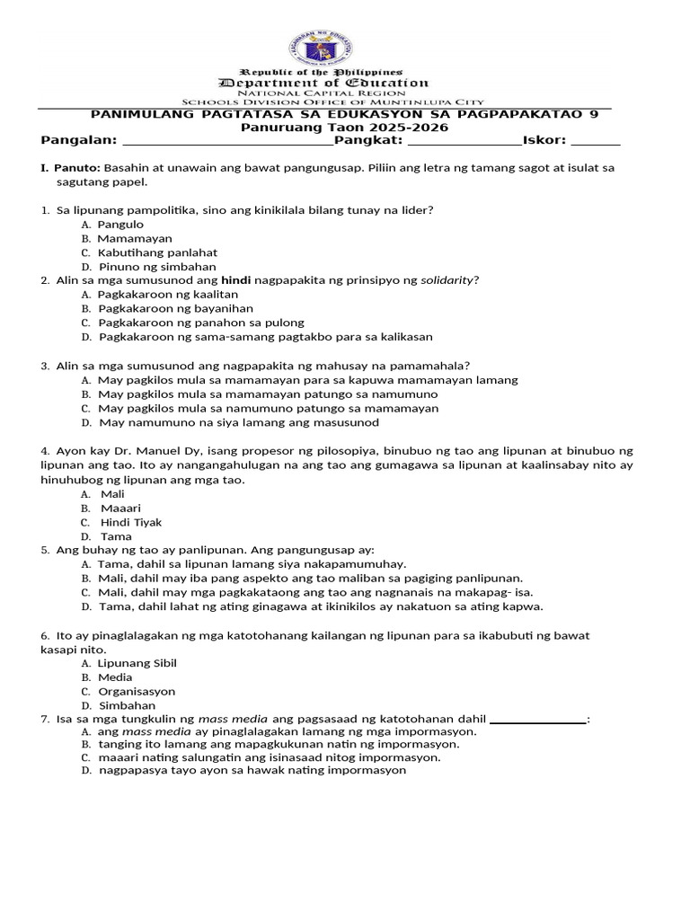 Esp 9 Pretest | PDF