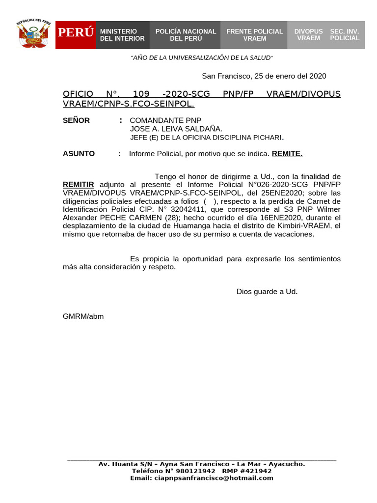 Oficio Remite Actuados Oficina Disciplina Pichari 25ene2020 | PDF