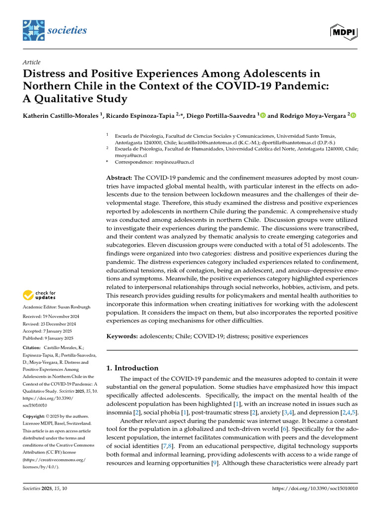Distress and Positive Experiences Among Adolescents in Northern Chile ...