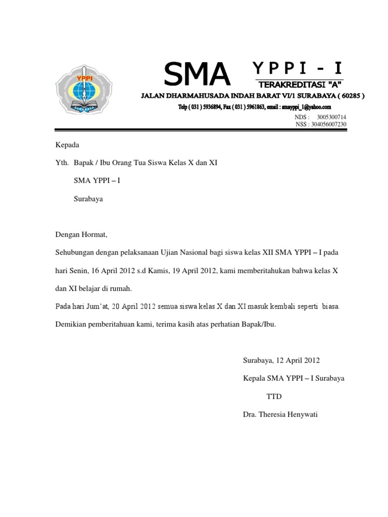 Surat Pemberitahuan Libur