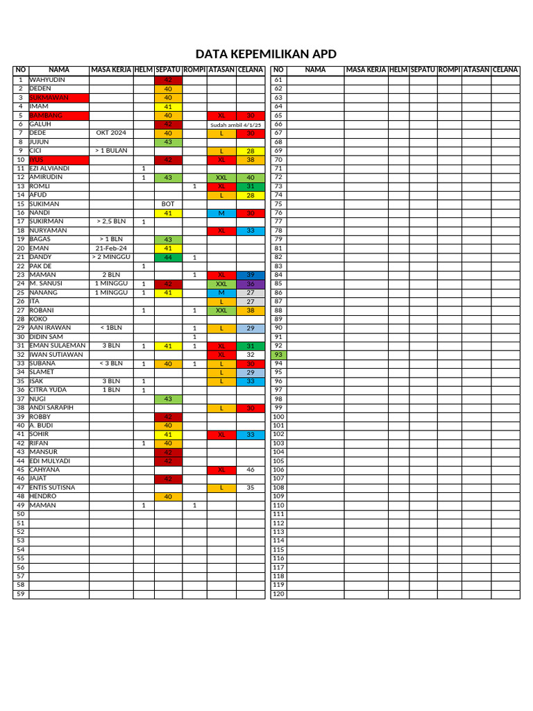 Data Kepemilikan APD Karyawan | PDF