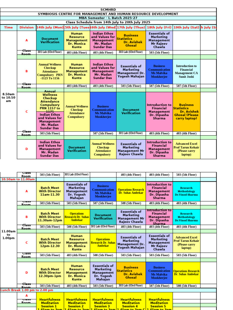 SCMHRD MBA Class Schedule July 2025 | PDF