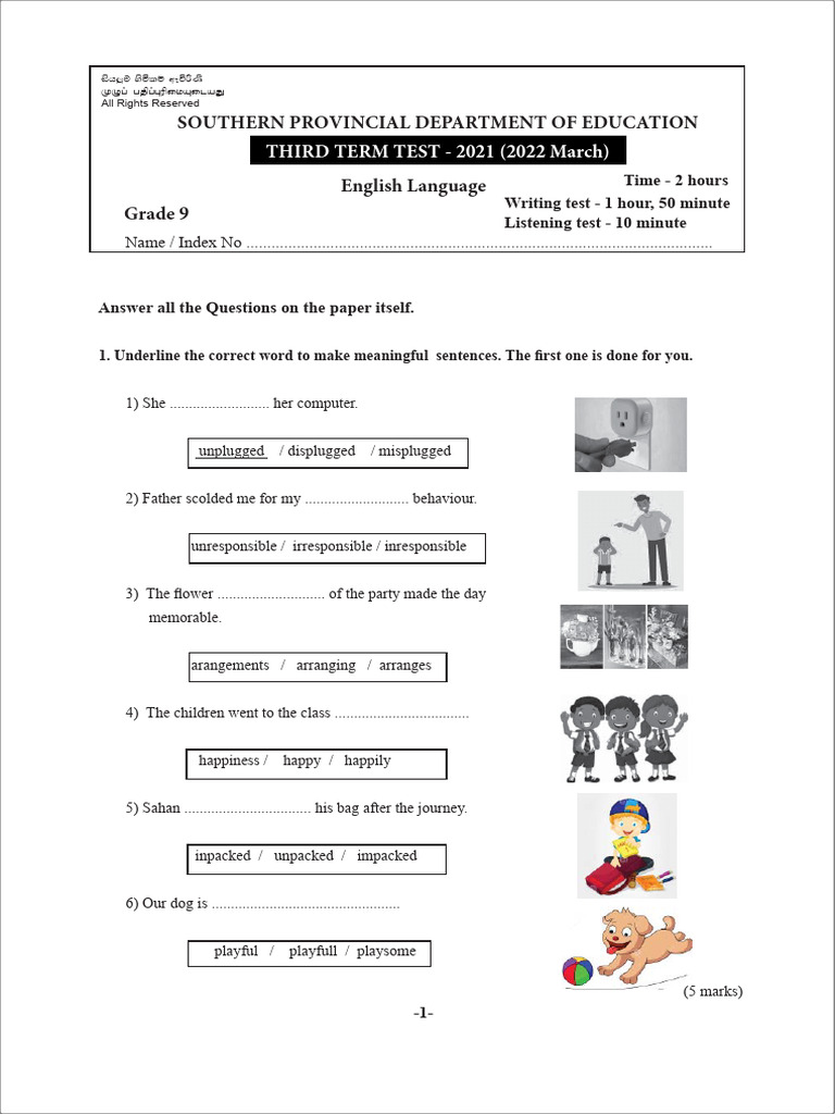 Grade 9 English Third Term Test 2021 | PDF