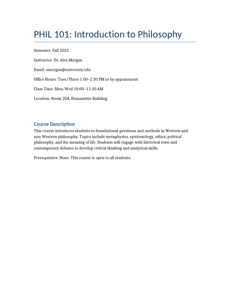 PHIL 101 Syllabus: Intro to Philosophy | PDF | Epistemology | Metaphysics